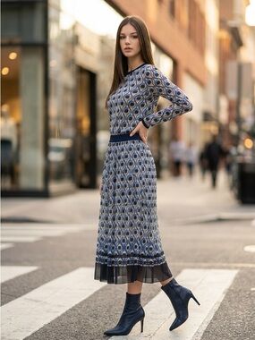 Geo-Print Navy & Light Blue Pleated Midi Skirt